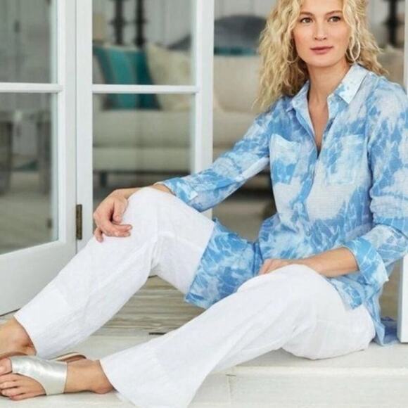 SOFT SURROUNDINGS Blue/White Tie Dye Seika Button Collared Blouse Sz XSmall EUC - Picture 10 of 10